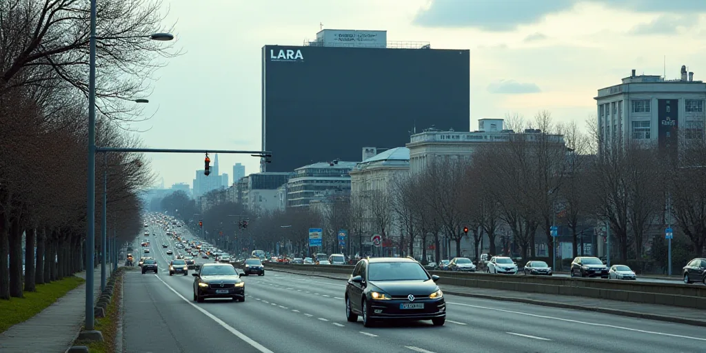 a busy city street with a large billboard on the side of it's building and cars driving down the str