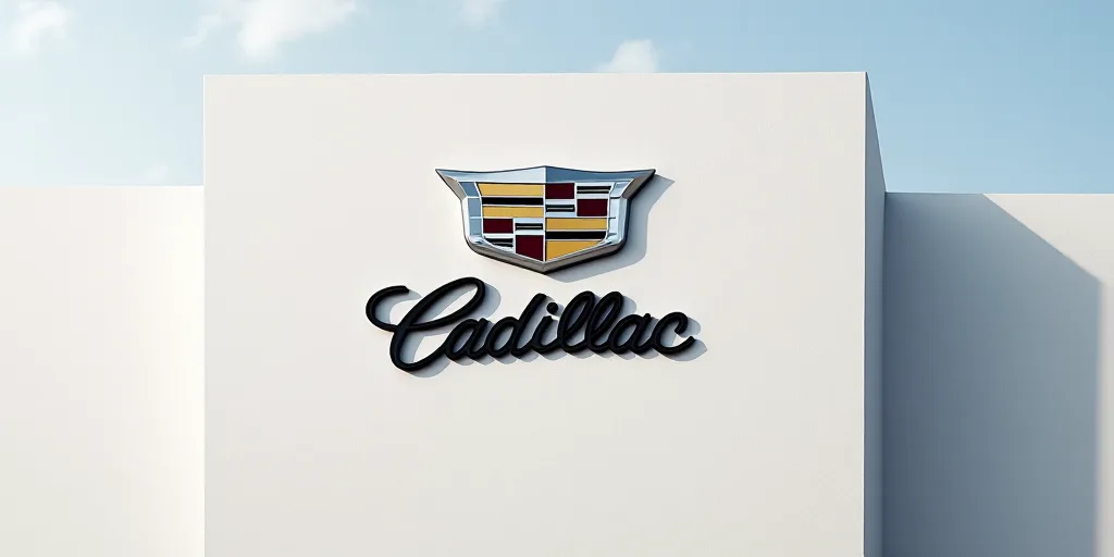 a cadillac logo on a building with a white wall behind it and a black cadillac logo on the side of t