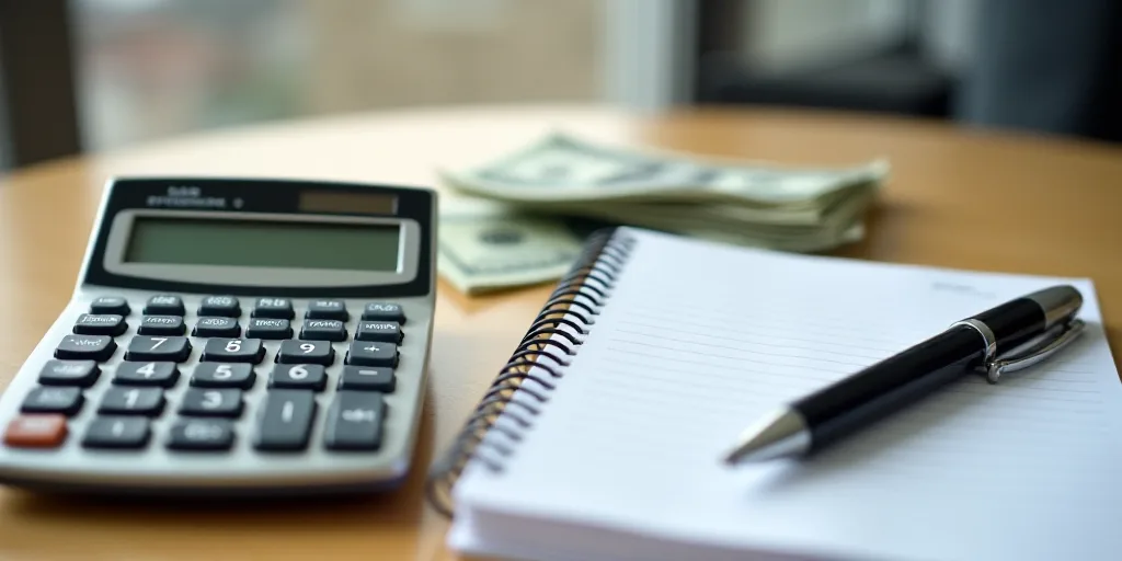 a calculator, pen, and money on a table with a notebook and pen on it,, Aquirax Uno, macro, a stock