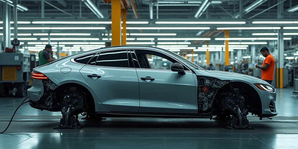 a car being assembled in a factory with workers working on it's assembly line and a car being assemb