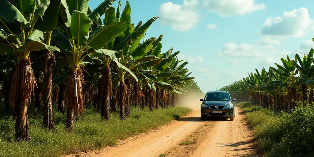 a car driving down a dirt road next to a banana tree line with blue and yellow leaves on it, Corneli