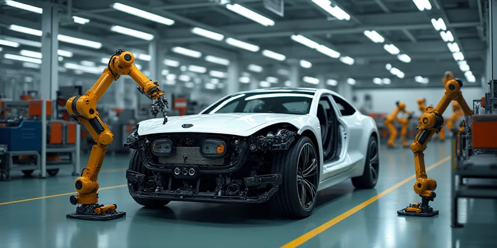 a car is being assembled in a factory with robots working on it's parts and assembly line in the bac
