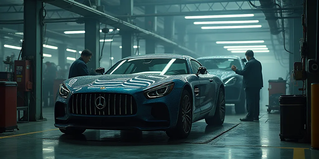 a car is being assembled in a factory with workers nearby and a car being assembled on a lift in the