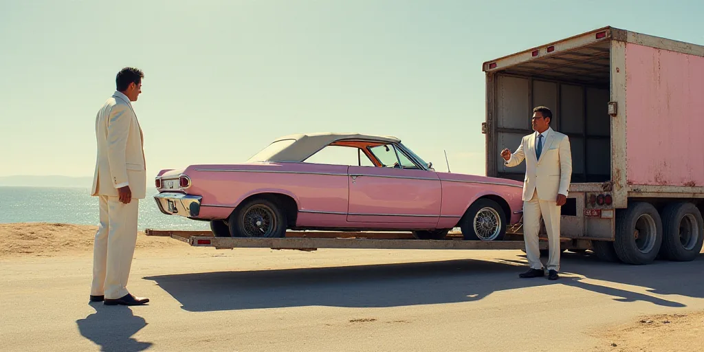 a car is being loaded onto a truck by a man in a white suit and a man in a white suit, Estuardo Mald