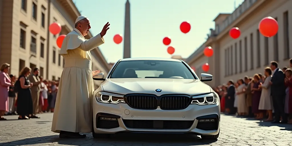 a car is parked in front of a crowd of people and balloons in the air, with a pope waving, Cagnaccio