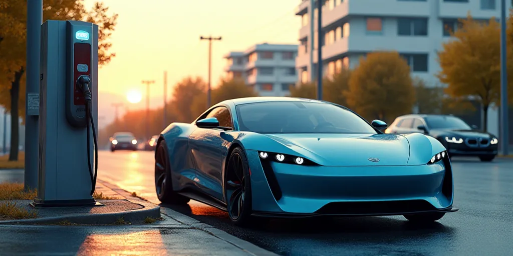a car is plugged in to a charging station on a street corner with a car in the background, Évariste
