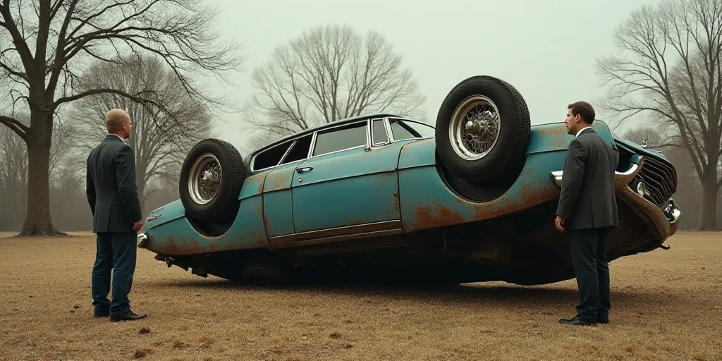 a car that has been flipped over in a yard with a man standing next to it and another man standing n