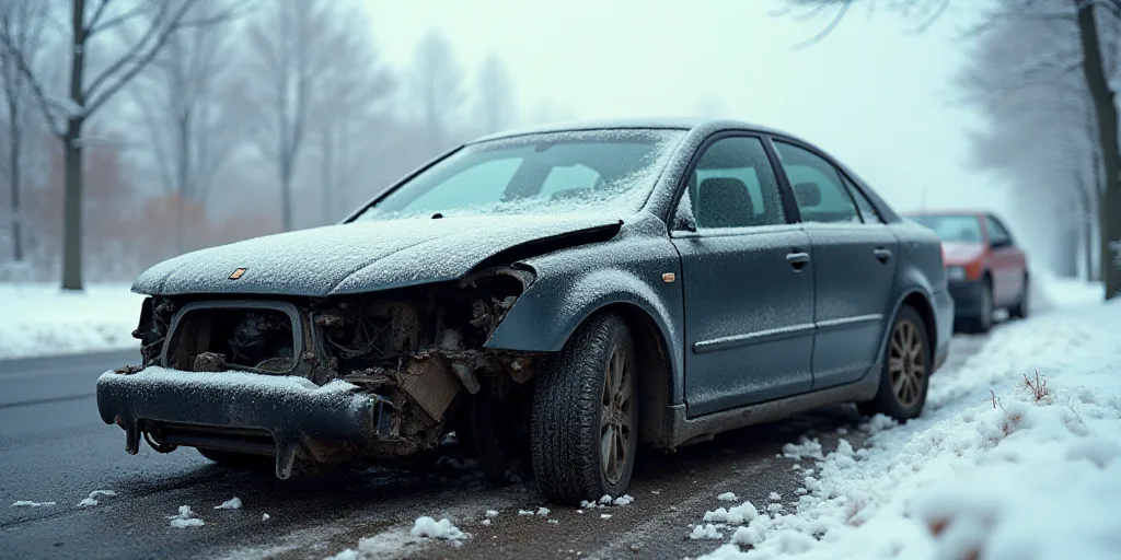 a car that has been involved in a collision with another car on the side of the road, with the front
