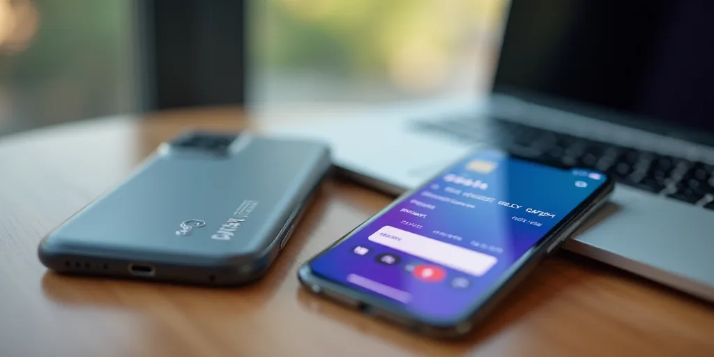 a cell phone and a credit card on a table with a laptop and a smartphone screen showing a payment ap