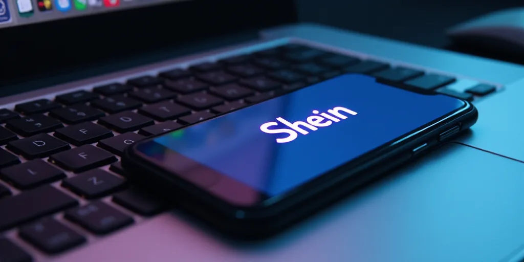 a cell phone is sitting on a laptop keyboard with a shein logo on it and a keyboard on the other sid