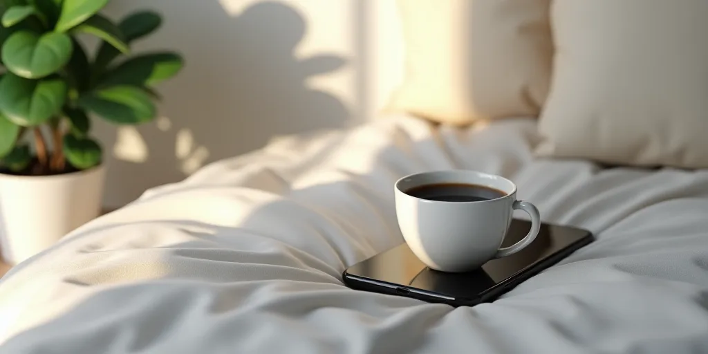 a cell phone sitting on top of a bed next to a cup of coffee and a plant in a pot, Cui Bai, 3 d, a s