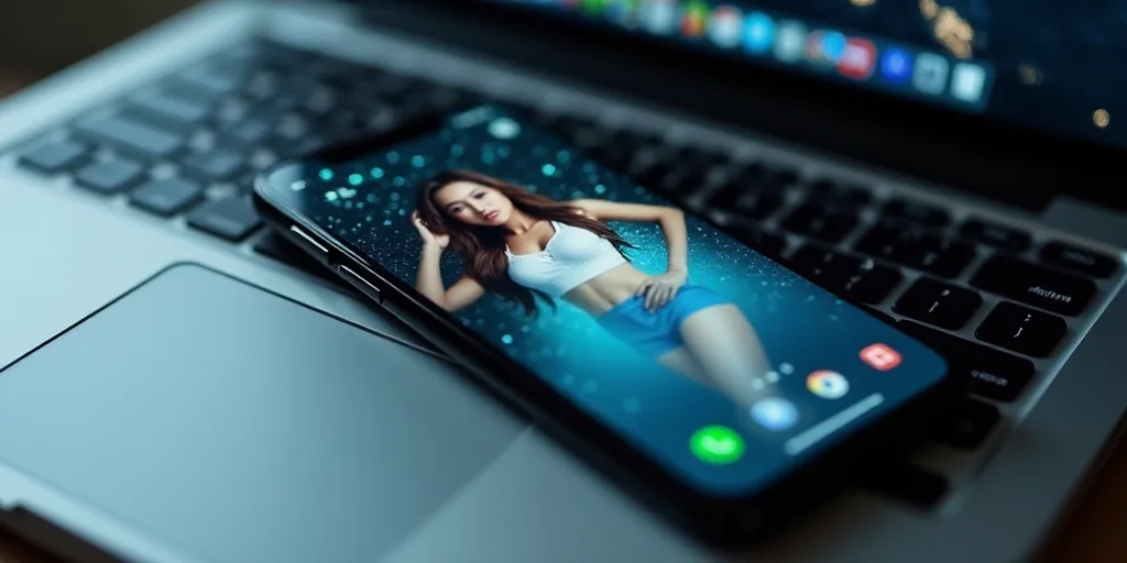 a cell phone with a picture of a woman on the keyboard of a laptop computer with a keyboard in the b