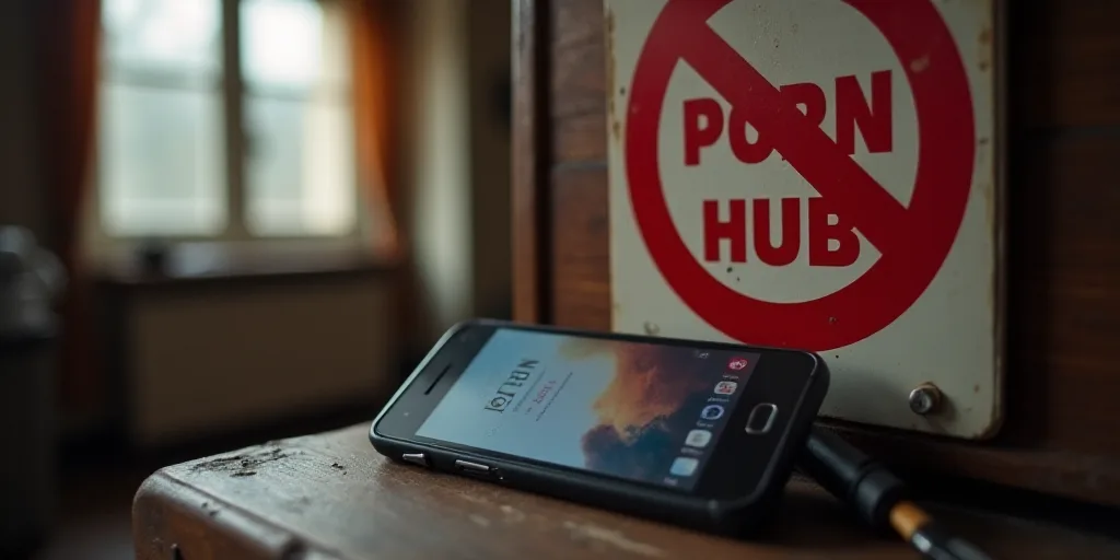 a cell phone with a sign in the background that says porn hub on it and a no 18 sign, Avgust Černig