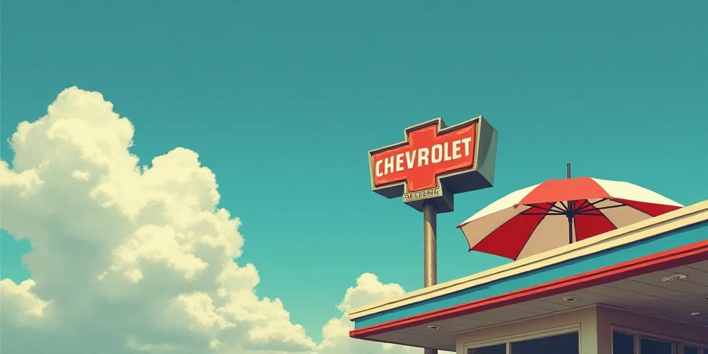 a chevron gas station sign on a cloudy day with a blue sky in the background and a red and white umb