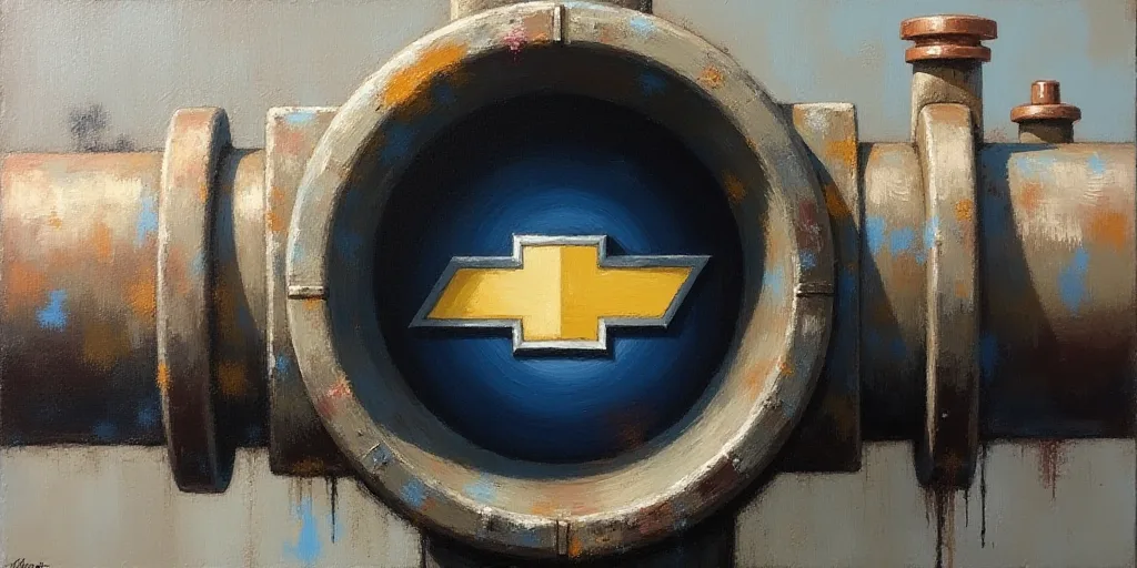a chevron logo is seen through a pipe with a water spigot on it's side, Evelyn Abelson, oil, a stock