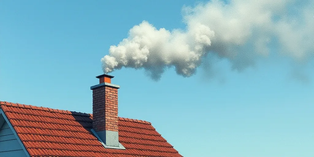 a chimney is spewing out smoke on a roof of a house with a blue sky in the background, Évariste Vit
