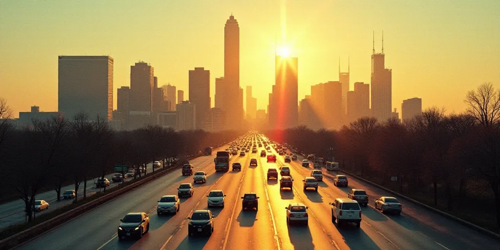 a city skyline with a lot of tall buildings and a lot of traffic on the road in front of it, Clyffor