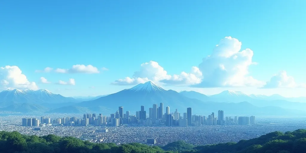 a city skyline with mountains in the background and a blue sky in the foreground with a few clouds,