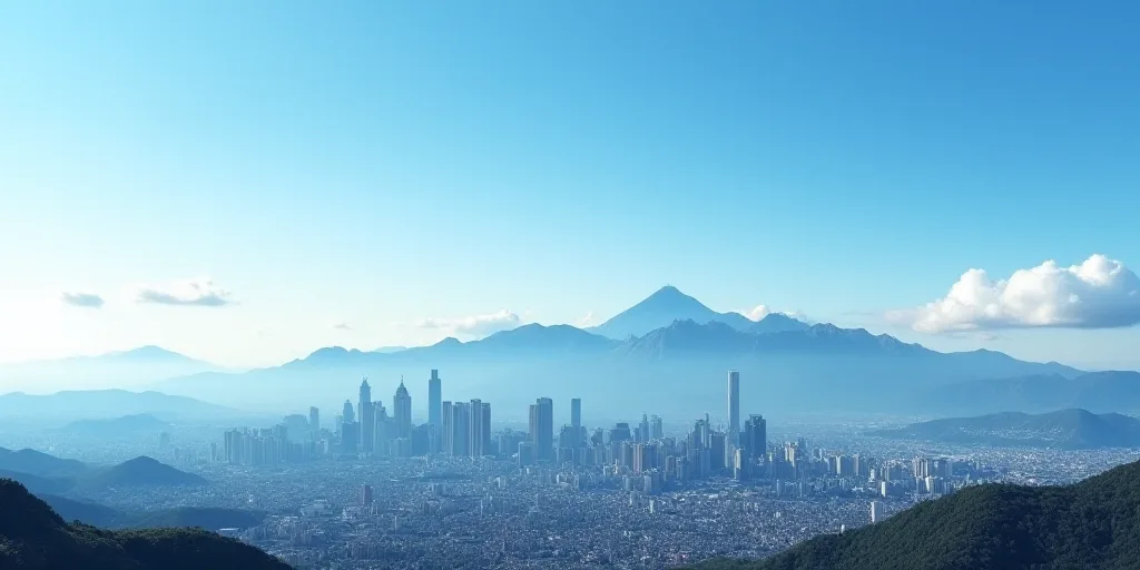 a city skyline with mountains in the background and a blue sky in the foreground with a few clouds,