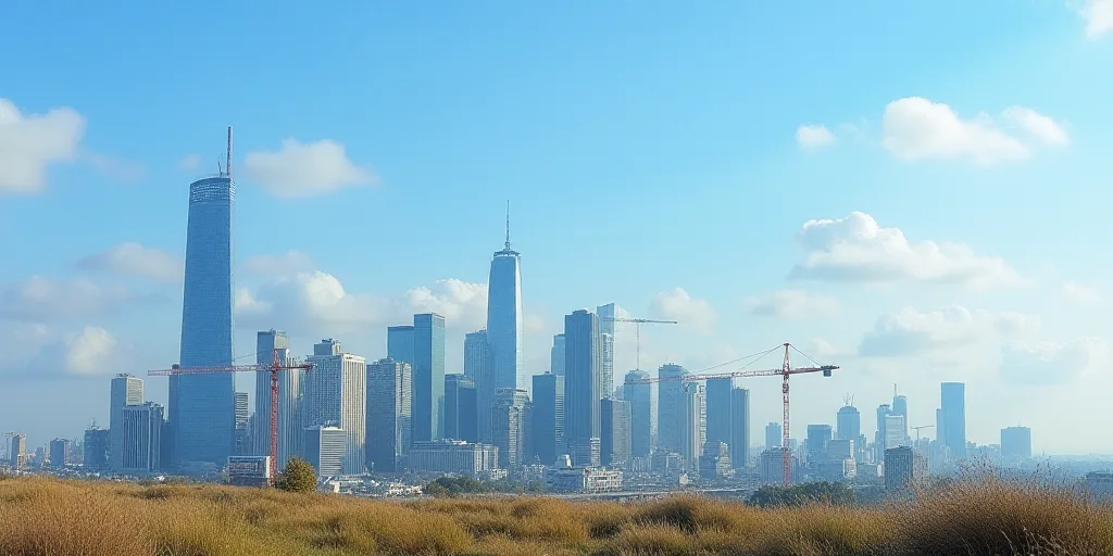a city skyline with tall buildings and cranes in the background, with a blue sky in the background,