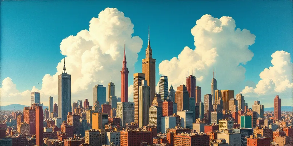 a city skyline with tall buildings and a blue sky in the background with clouds in the sky and a few