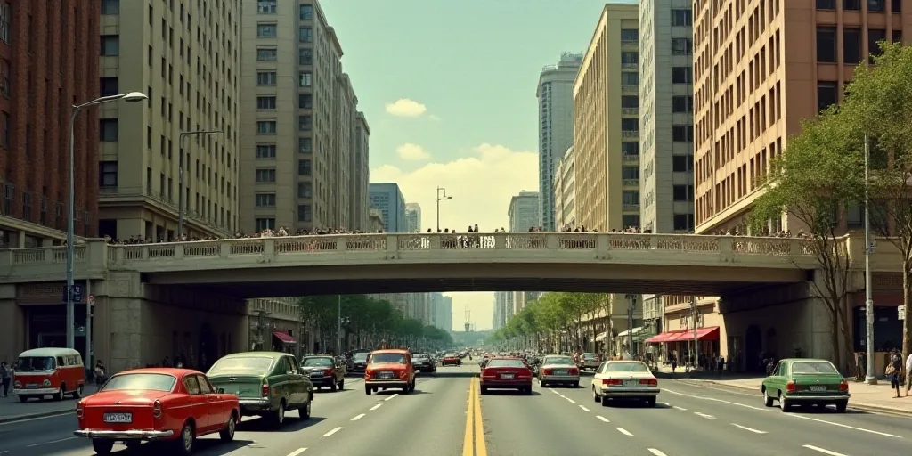 a city street filled with lots of traffic and tall buildings with tall windows and a bridge over it