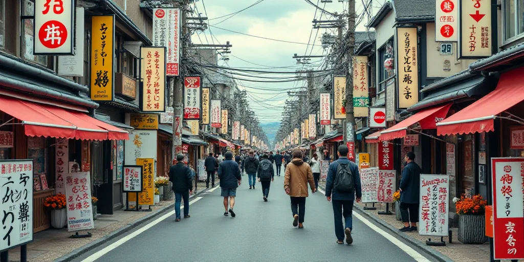 a city street with many signs and people walking down it and a lot of buildings in the background wi