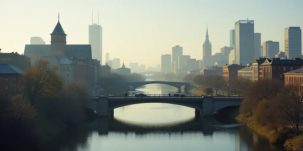 a city with a bridge and a river running through it and a bridge going over it that is over a bridge