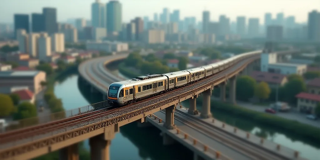 a city with a bridge and a train on it's tracks in the middle of the city, with a lot of buildings i