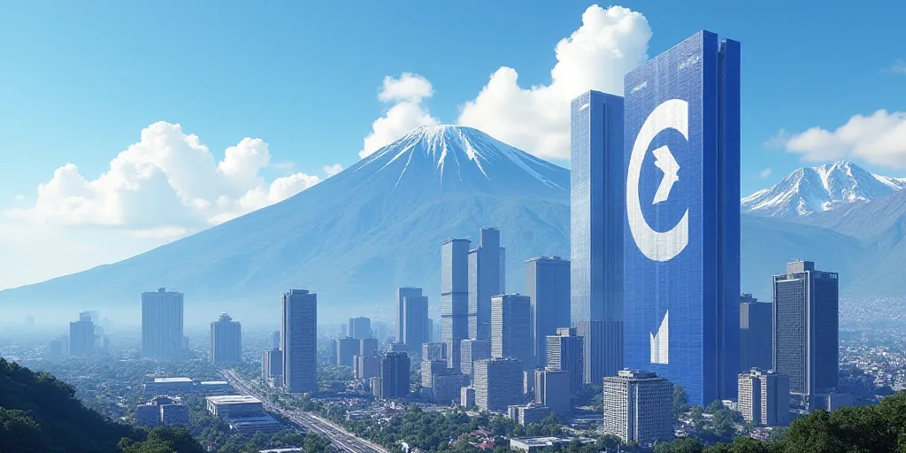 a city with a large blue and white logo on it's side and a mountain in the background, Eddie Mendoza