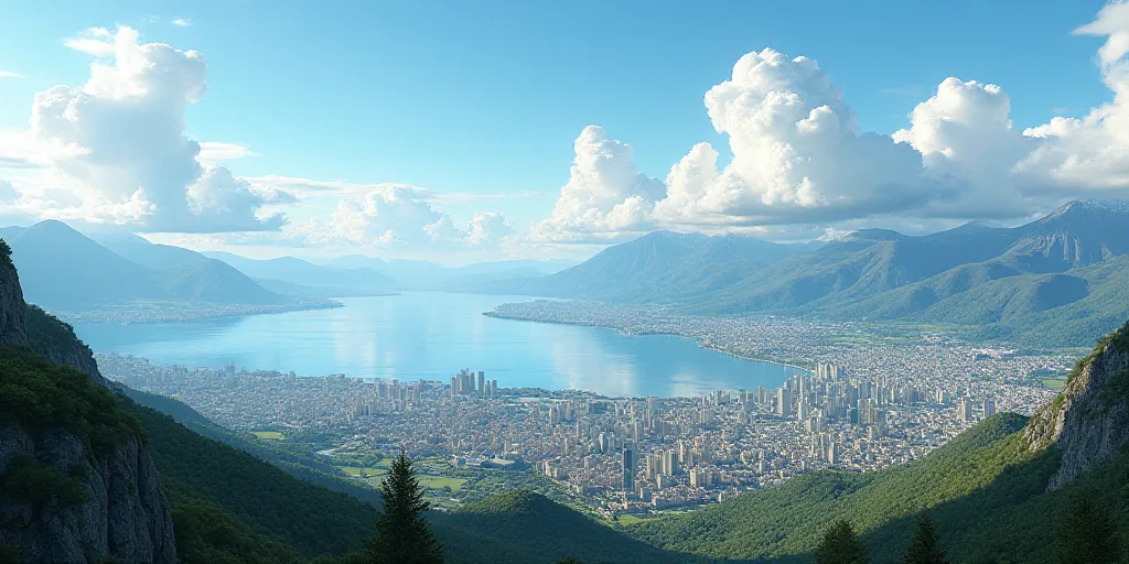 a city with a large body of water in the background and mountains in the background, with a city in