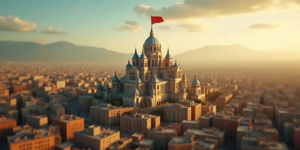 a city with a large cathedral and a flag flying in the air above it and a large city with a large ca