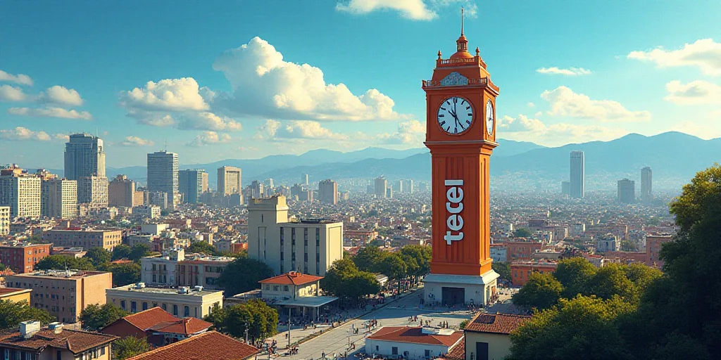 a city with a large clock tower and a telcel logo on it's side and a large city in the background, F