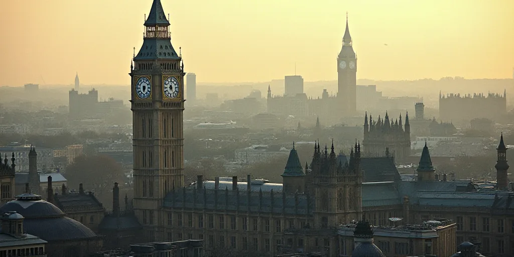 a city with a large number of buildings and a large clock tower in the background with words that re