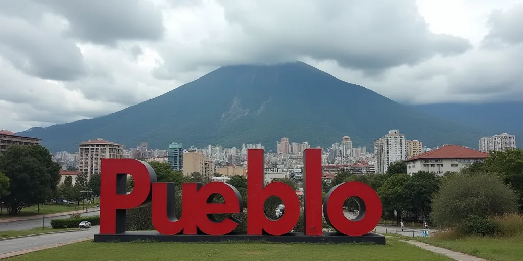 a city with a large sign that says pueblo in front of it and a mountain in the background with a clo