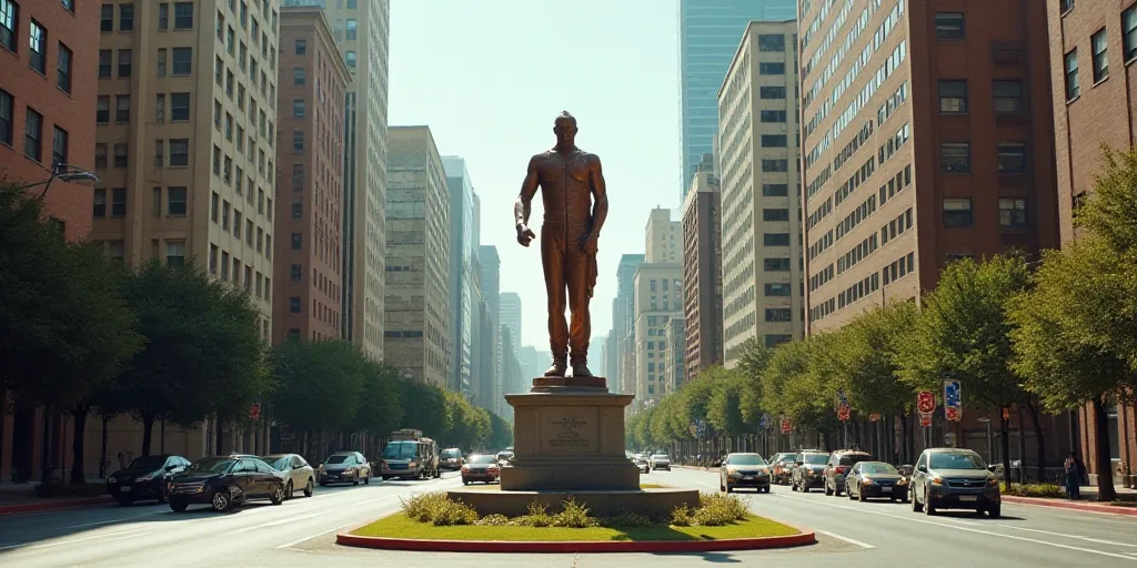 a city with a lot of tall buildings and a statue in the middle of the street with cars driving aroun