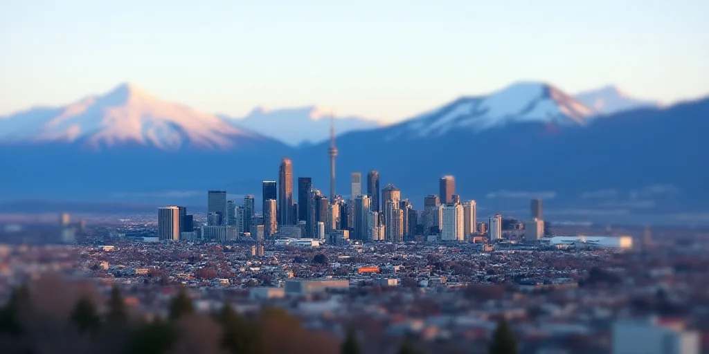 a city with a lot of tall buildings and mountains in the background with snow on the tops of the mou