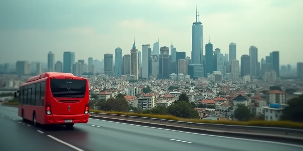 a city with a lot of tall buildings and a red bus in the foreground of the picture and a large city