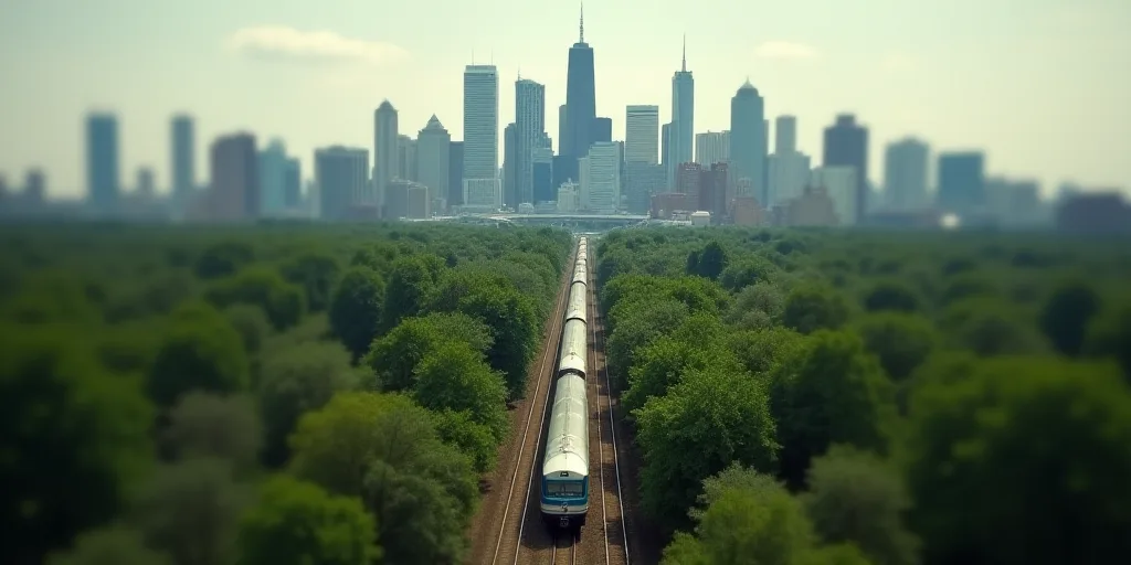 a city with a lot of tall buildings and a lot of trees in the foreground and a train on the tracks,