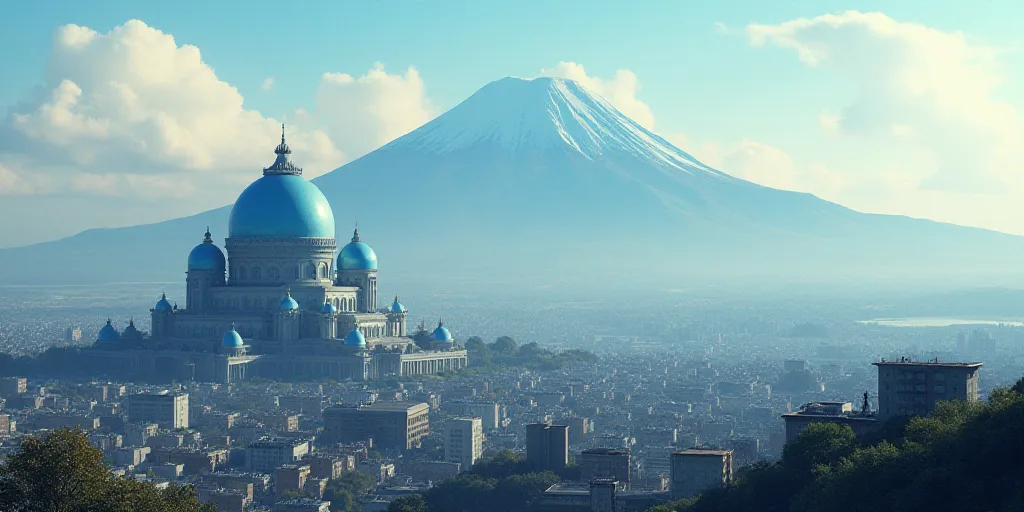 a city with a mountain in the background and a blue dome on top of it with a blue dome on the top, E