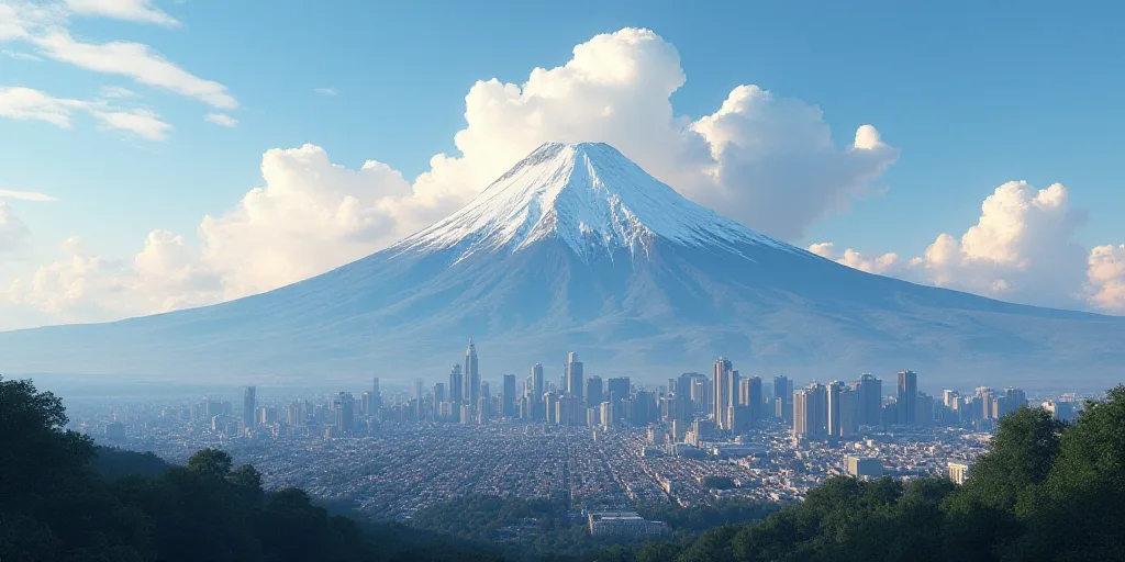 a city with a mountain in the background and clouds in the sky above it, with a cityscape in the for