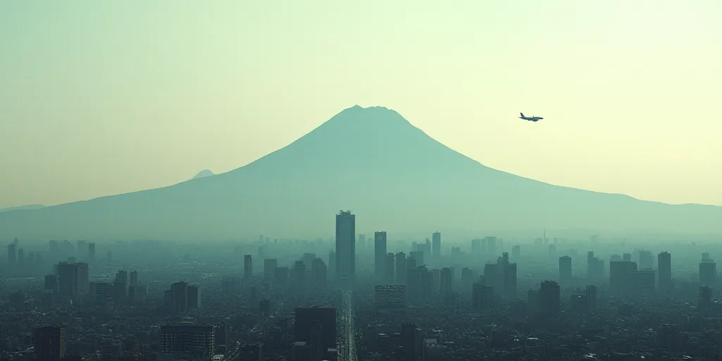 a city with a mountain in the background and a plane flying in the air above it with buildings and a