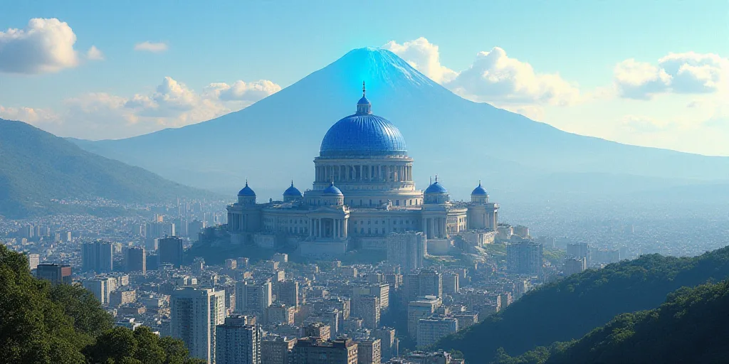 a city with a mountain in the background and a blue dome on top of it with a blue dome on the top, E