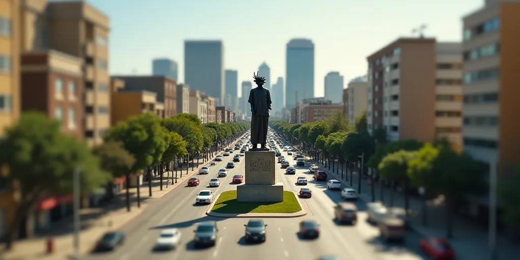 a city with a statue in the middle of it and a lot of cars driving around it in the foreground, Davi