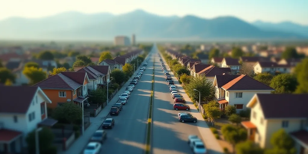 a city with lots of houses and cars parked in front of them and mountains in the background in the d