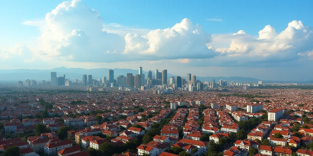 a city with lots of houses and a sky line in the background with clouds in the sky and a blue sky, C