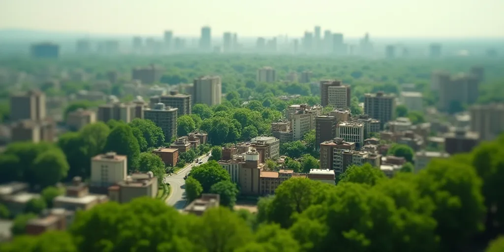 a city with lots of tall buildings and lots of trees in the background, with a green roof top, Diego