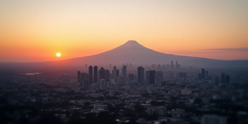 a city with lots of tall buildings and a mountain in the background at sunset or sunrise time, from