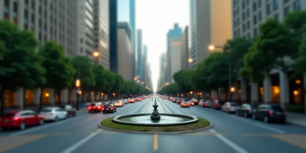 a city with tall buildings and a fountain in the middle of the street and a lot of traffic on the st