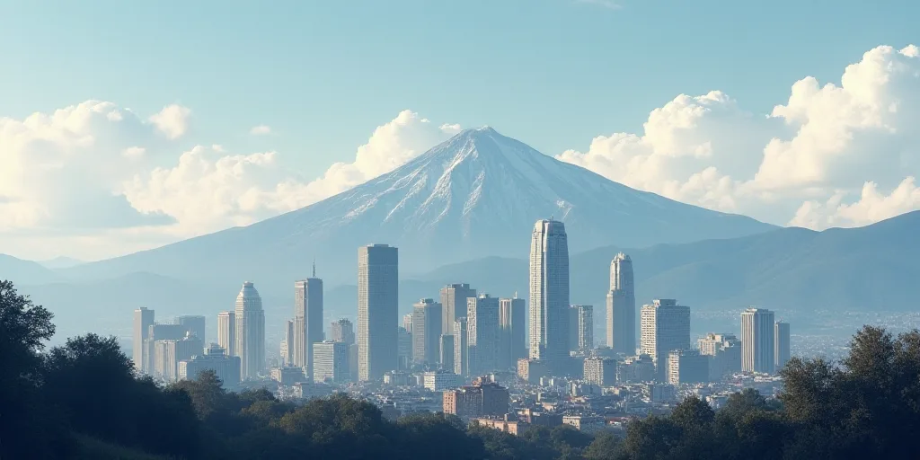 a city with tall buildings and mountains in the background, with a cloudy sky in the background, and